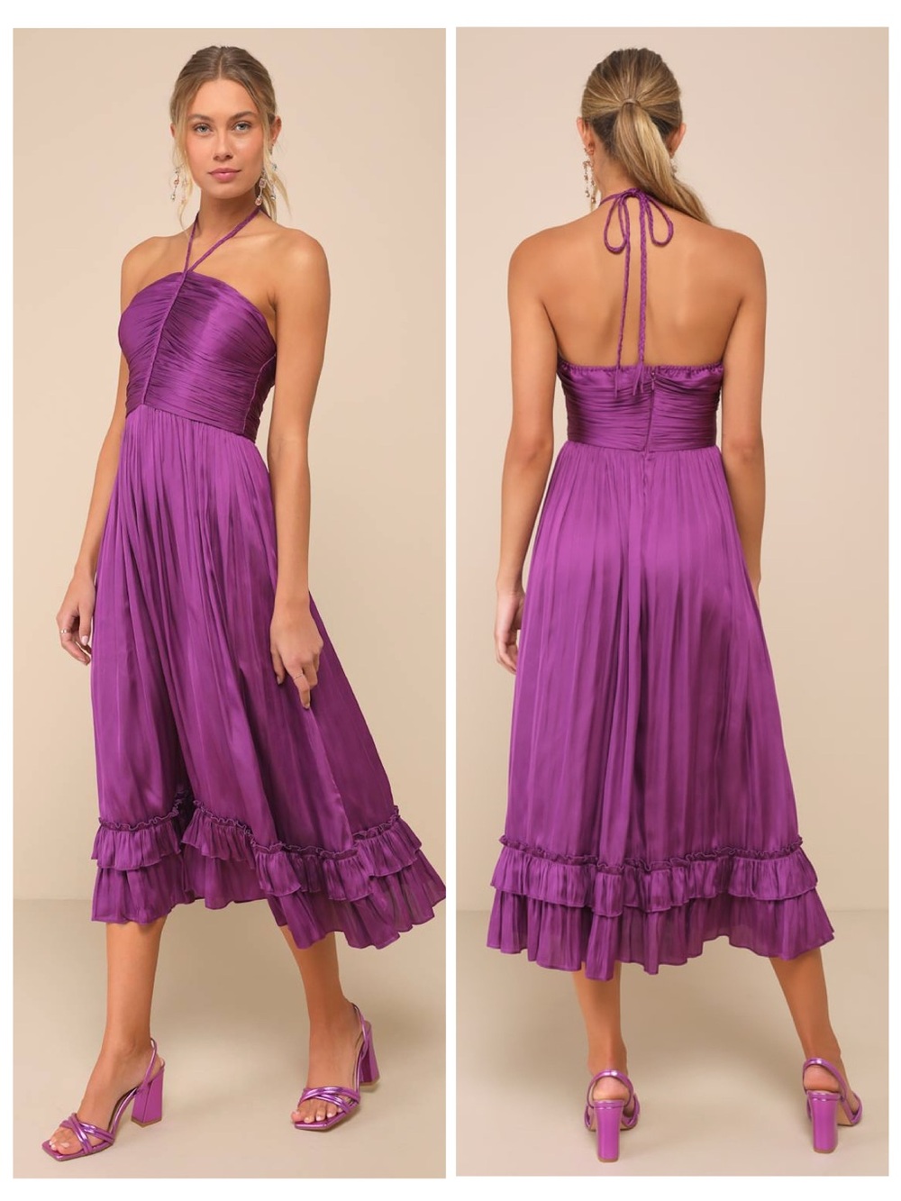 Lulus Pleasing Chicness Purple Satin Halter Tiered Midi Dress Size XS Cocktail